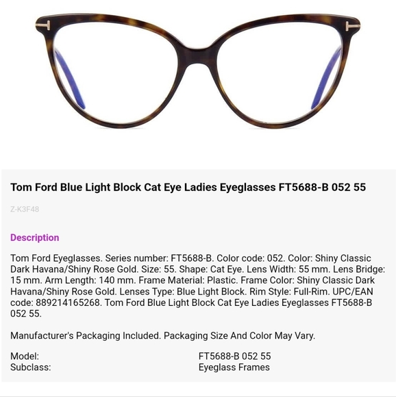 Tom Ford Cateye Ladies Glasses 55-15-140 - Picture 3 of 3